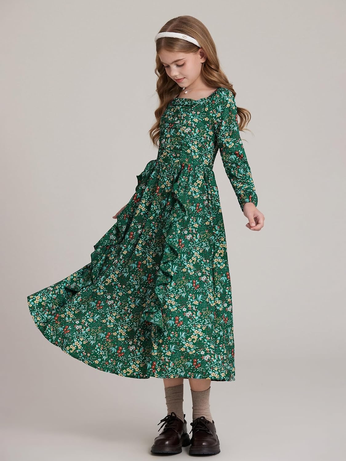 image:imageGRACE KARIN Girls Fall Dresses Long Sleeve Maxi Floral Winter Dress 714Y Kids Square Neck Ruffle Hem Casual Holiday Party Outfit ALine Twirl Swing Long Dress for Birthday Photoshoot Wedding ChurchDark Green Floral