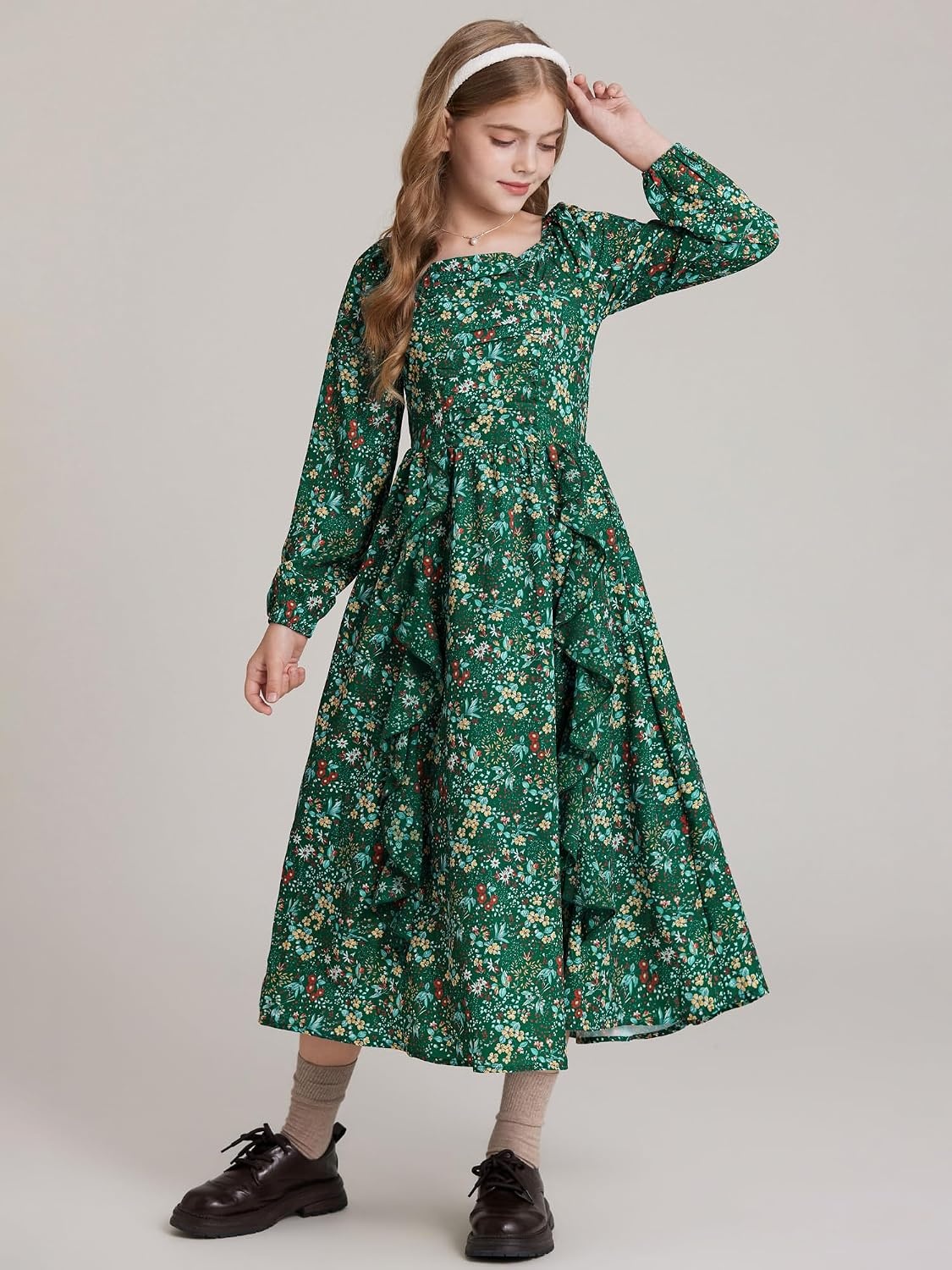 image:imageGRACE KARIN Girls Fall Dresses Long Sleeve Maxi Floral Winter Dress 714Y Kids Square Neck Ruffle Hem Casual Holiday Party Outfit ALine Twirl Swing Long Dress for Birthday Photoshoot Wedding ChurchDark Green Floral