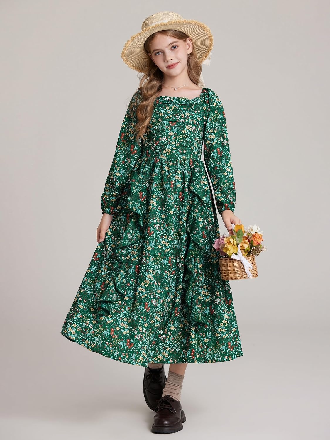 image:imageGRACE KARIN Girls Fall Dresses Long Sleeve Maxi Floral Winter Dress 714Y Kids Square Neck Ruffle Hem Casual Holiday Party Outfit ALine Twirl Swing Long Dress for Birthday Photoshoot Wedding ChurchDark Green Floral