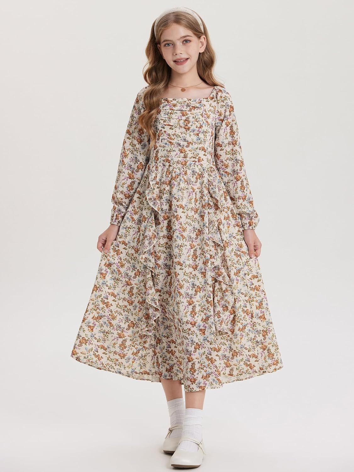 image:imageGRACE KARIN Girls Fall Dresses Long Sleeve Maxi Floral Winter Dress 714Y Kids Square Neck Ruffle Hem Casual Holiday Party Outfit ALine Twirl Swing Long Dress for Birthday Photoshoot Wedding ChurchBeige Pumpkin Floral