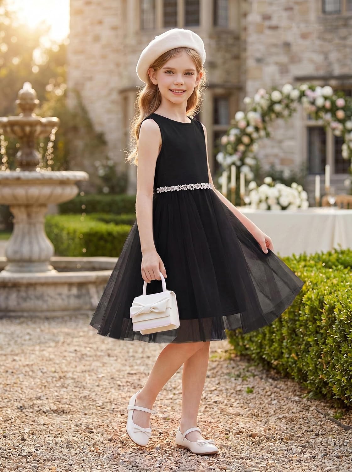 image:imageGRACE KARIN Girls Fancy Party Dress Sleeveless Formal Dance Dresses 614Y Tulle Overlay Beaded Waist Tie Bow Belt KneeLength Bodycon Hidden Back Zipper for Pageant Wedding BirthdayBlack