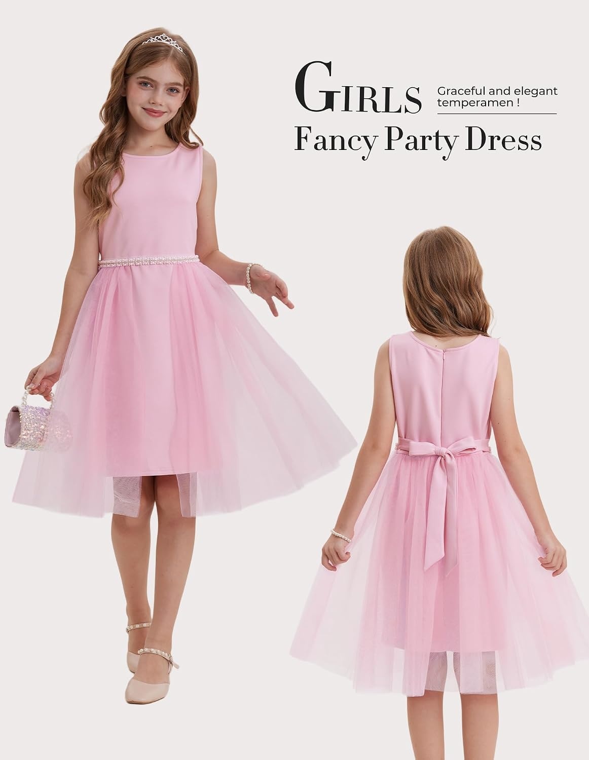 image:imageGRACE KARIN Girls Fancy Party Dress Sleeveless Formal Dance Dresses 614Y Tulle Overlay Beaded Waist Tie Bow Belt KneeLength Bodycon Hidden Back Zipper for Pageant Wedding BirthdayPink