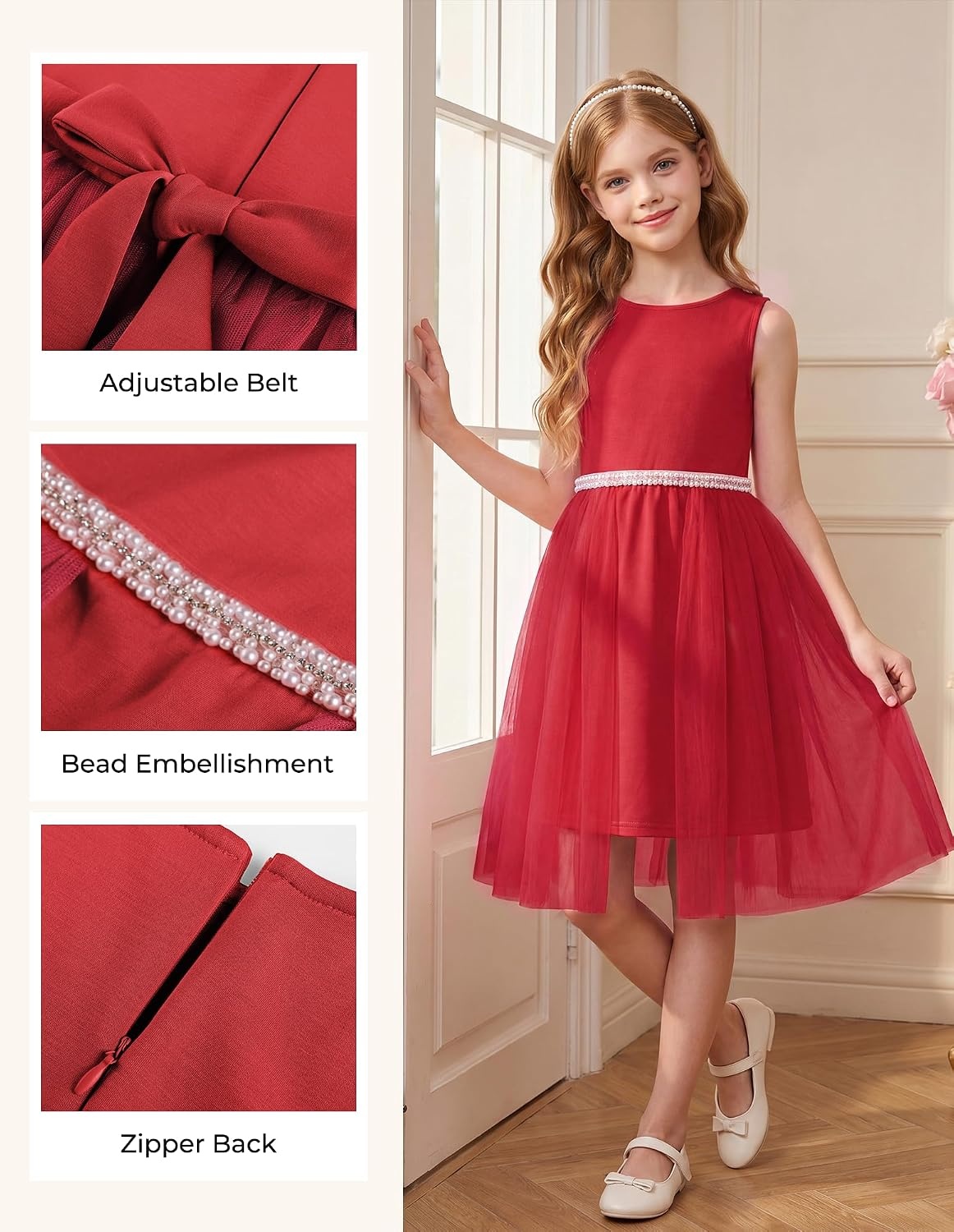 image:imageGRACE KARIN Girls Fancy Party Dress Sleeveless Formal Dance Dresses 614Y Tulle Overlay Beaded Waist Tie Bow Belt KneeLength Bodycon Hidden Back Zipper for Pageant Wedding BirthdayRed