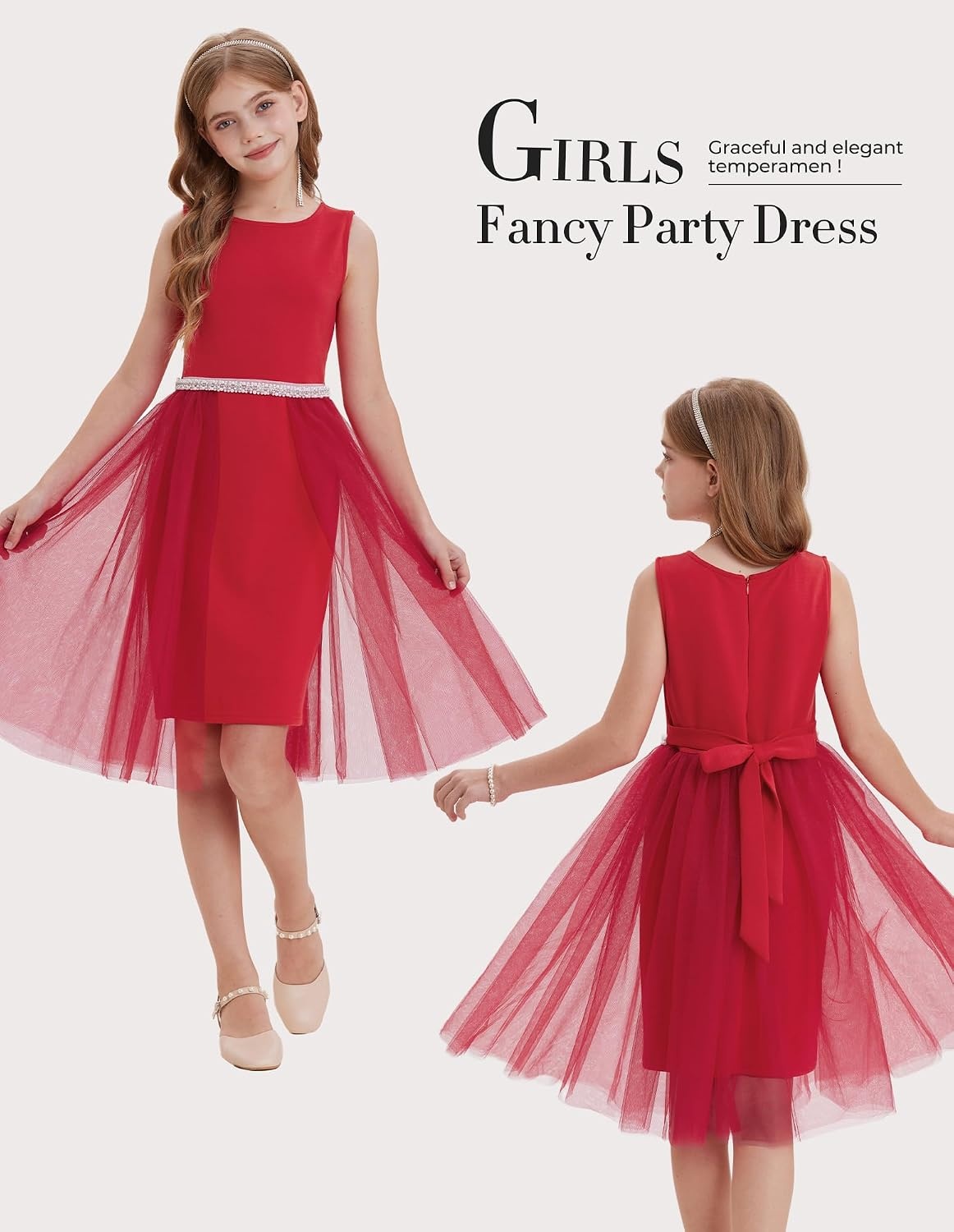 image:imageGRACE KARIN Girls Fancy Party Dress Sleeveless Formal Dance Dresses 614Y Tulle Overlay Beaded Waist Tie Bow Belt KneeLength Bodycon Hidden Back Zipper for Pageant Wedding BirthdayRed