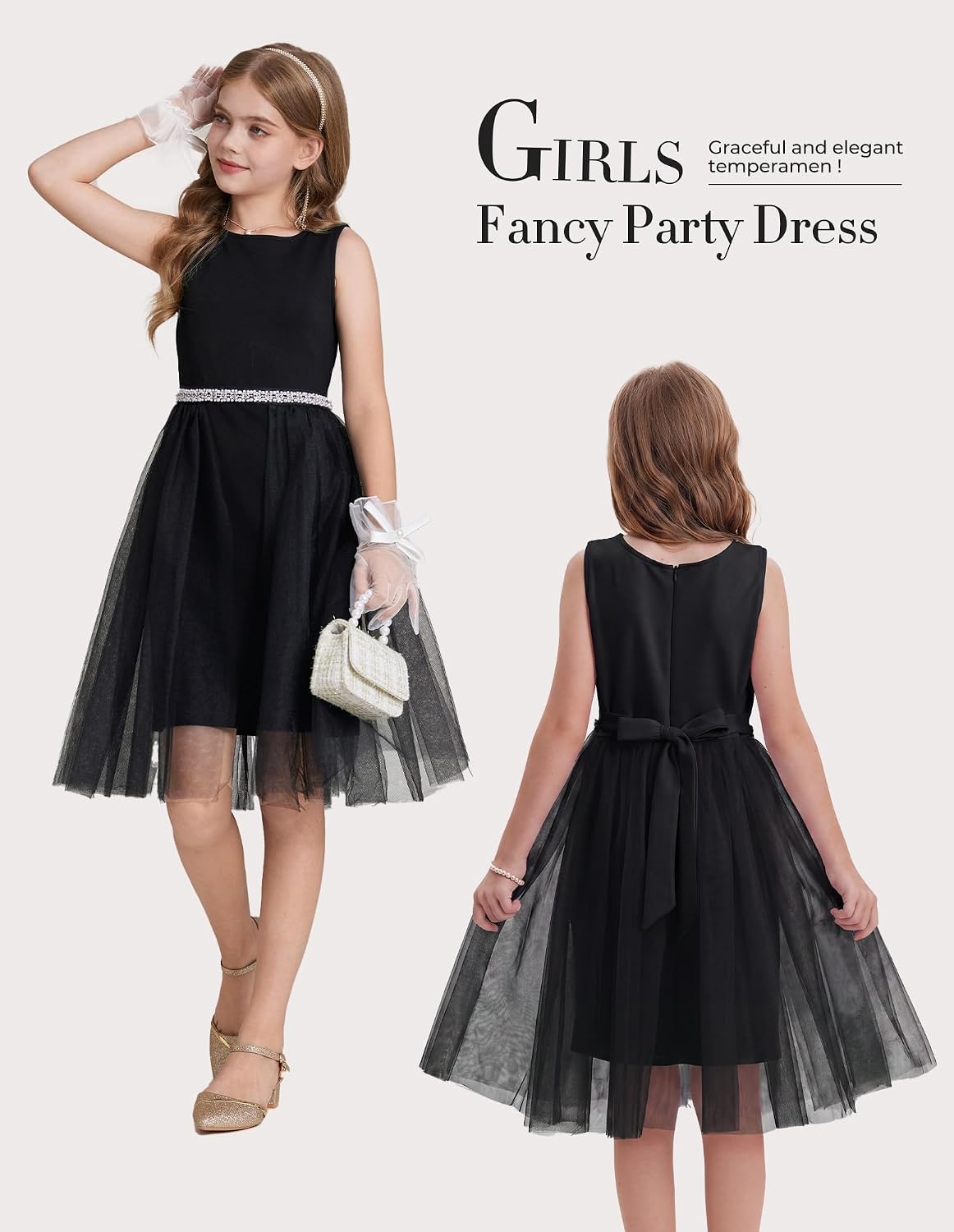image:imageGRACE KARIN Girls Fancy Party Dress Sleeveless Formal Dance Dresses 614Y Tulle Overlay Beaded Waist Tie Bow Belt KneeLength Bodycon Hidden Back Zipper for Pageant Wedding BirthdayBlack