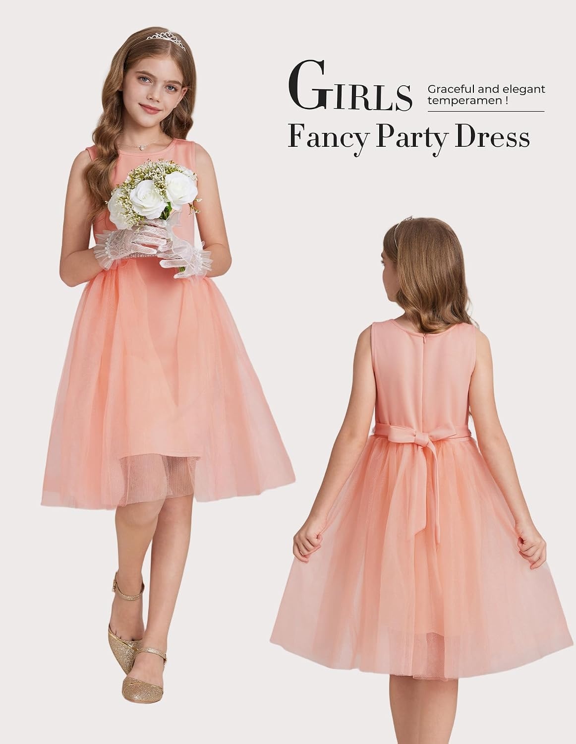 image:imageGRACE KARIN Girls Fancy Party Dress Sleeveless Formal Dance Dresses 614Y Tulle Overlay Beaded Waist Tie Bow Belt KneeLength Bodycon Hidden Back Zipper for Pageant Wedding BirthdayPeach Pink