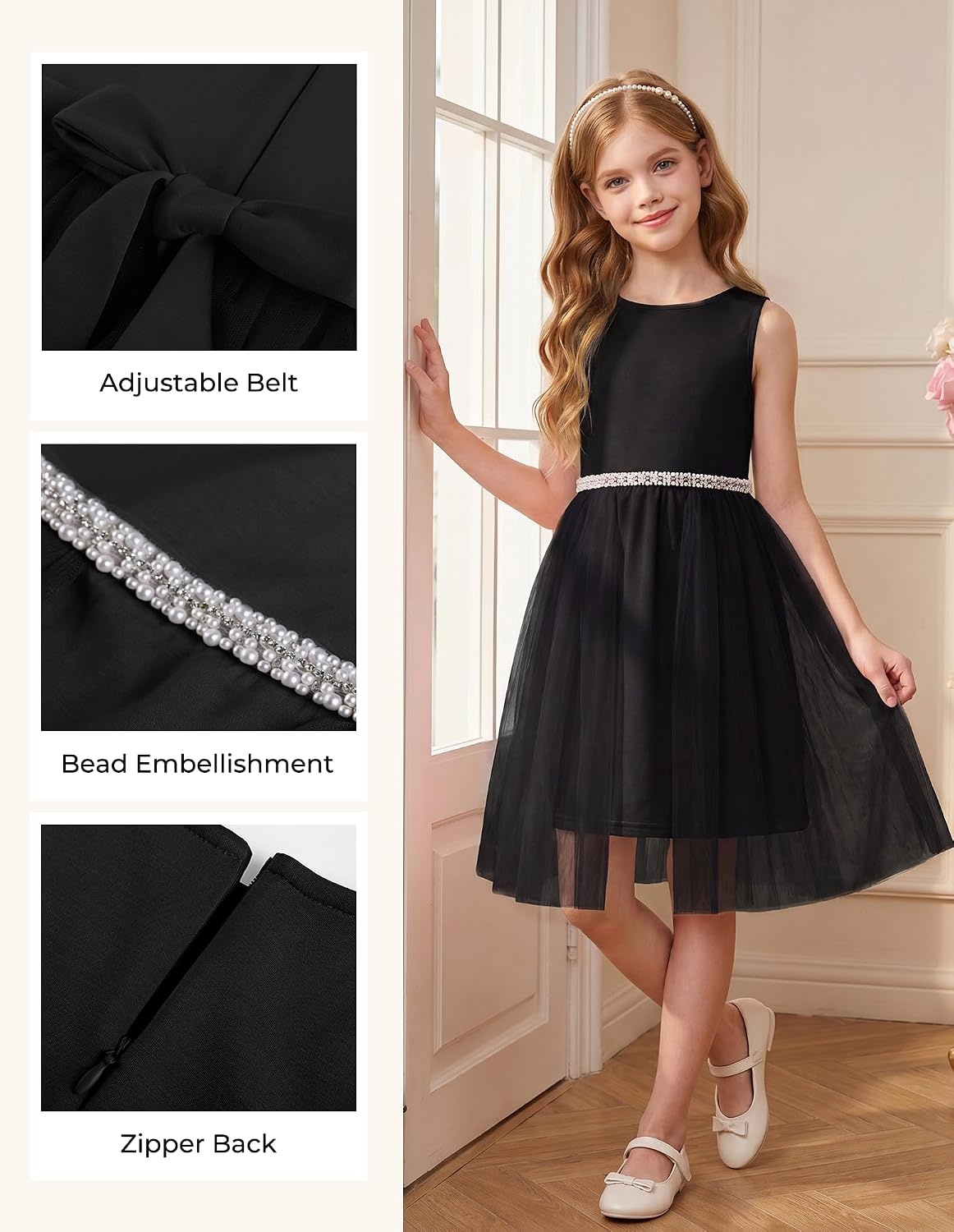 image:imageGRACE KARIN Girls Fancy Party Dress Sleeveless Formal Dance Dresses 614Y Tulle Overlay Beaded Waist Tie Bow Belt KneeLength Bodycon Hidden Back Zipper for Pageant Wedding BirthdayBlack
