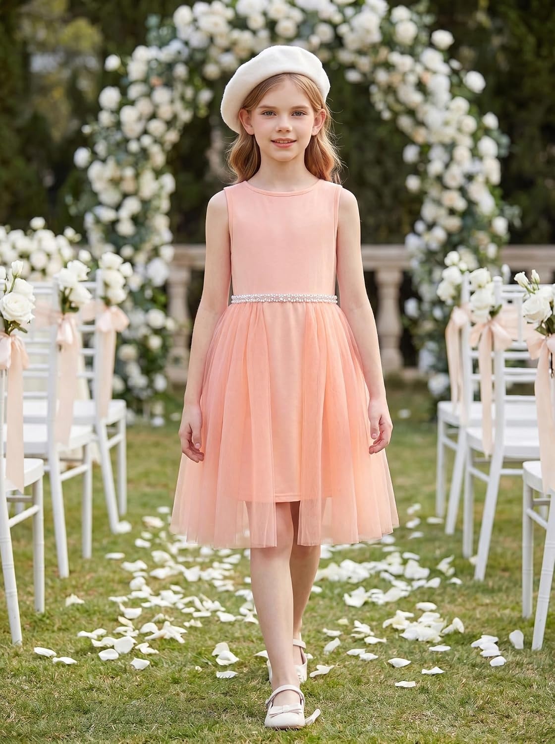 image:imageGRACE KARIN Girls Fancy Party Dress Sleeveless Formal Dance Dresses 614Y Tulle Overlay Beaded Waist Tie Bow Belt KneeLength Bodycon Hidden Back Zipper for Pageant Wedding BirthdayPeach Pink