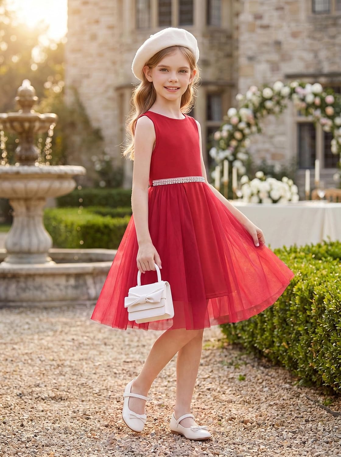 image:imageGRACE KARIN Girls Fancy Party Dress Sleeveless Formal Dance Dresses 614Y Tulle Overlay Beaded Waist Tie Bow Belt KneeLength Bodycon Hidden Back Zipper for Pageant Wedding BirthdayRed