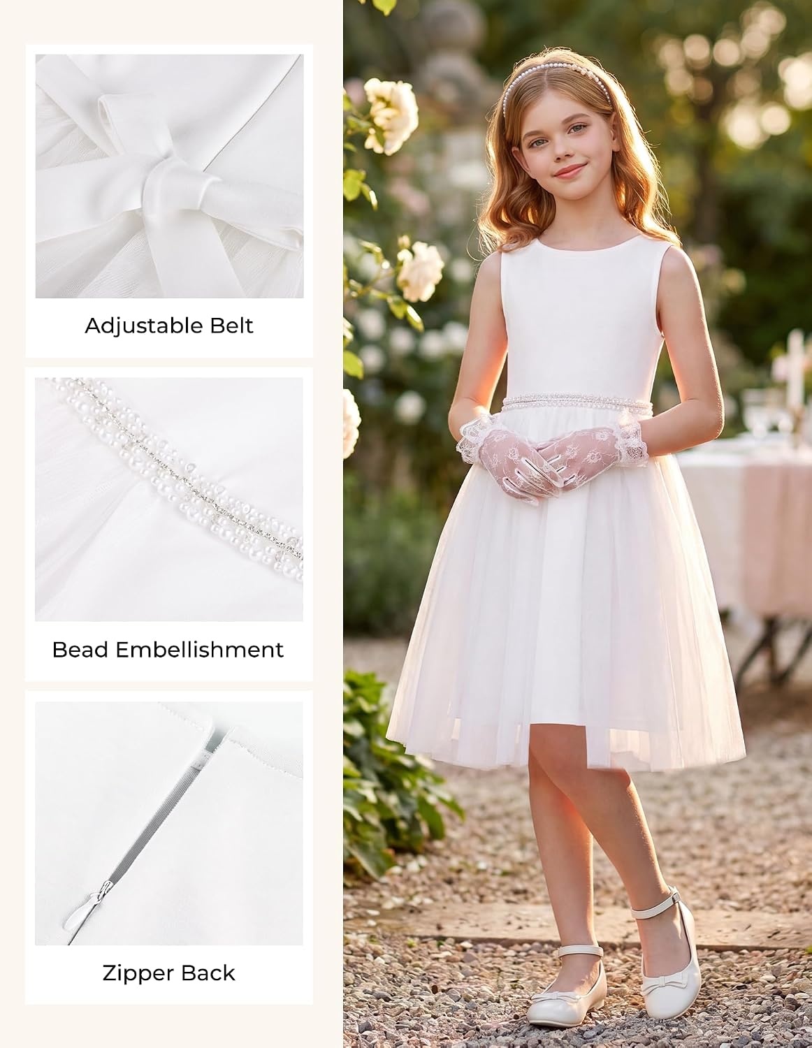image:imageGRACE KARIN Girls Fancy Party Dress Sleeveless Formal Dance Dresses 614Y Tulle Overlay Beaded Waist Tie Bow Belt KneeLength Bodycon Hidden Back Zipper for Pageant Wedding BirthdayWhite