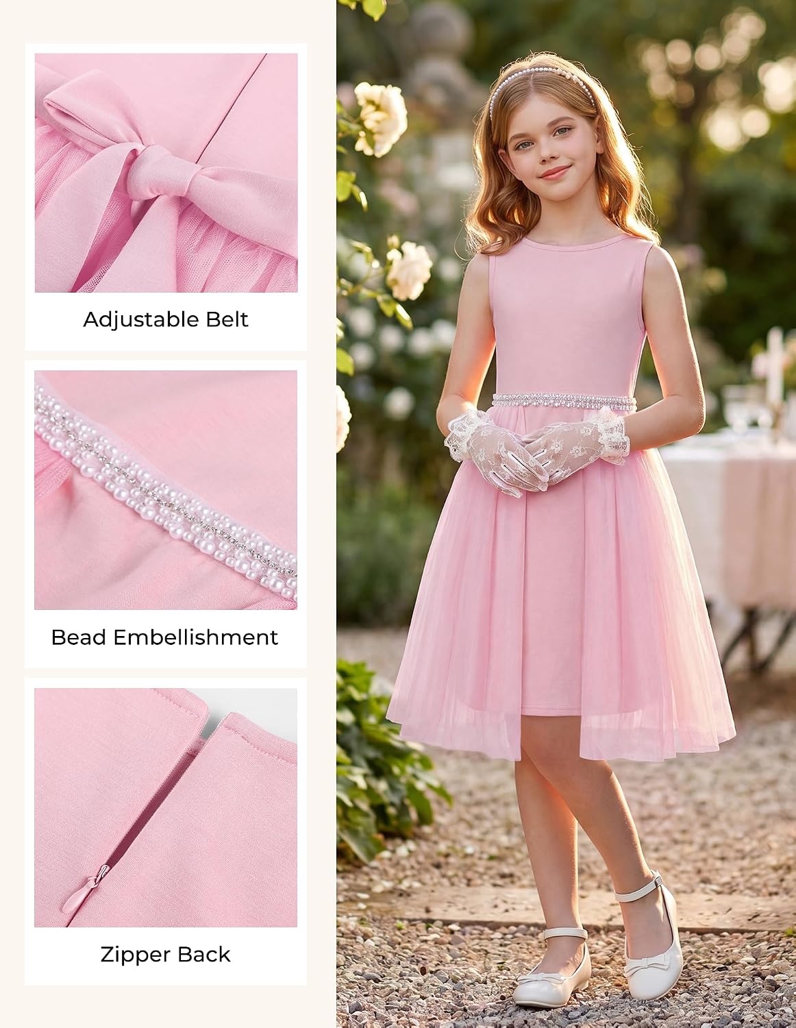 image:imageGRACE KARIN Girls Fancy Party Dress Sleeveless Formal Dance Dresses 614Y Tulle Overlay Beaded Waist Tie Bow Belt KneeLength Bodycon Hidden Back Zipper for Pageant Wedding BirthdayPink