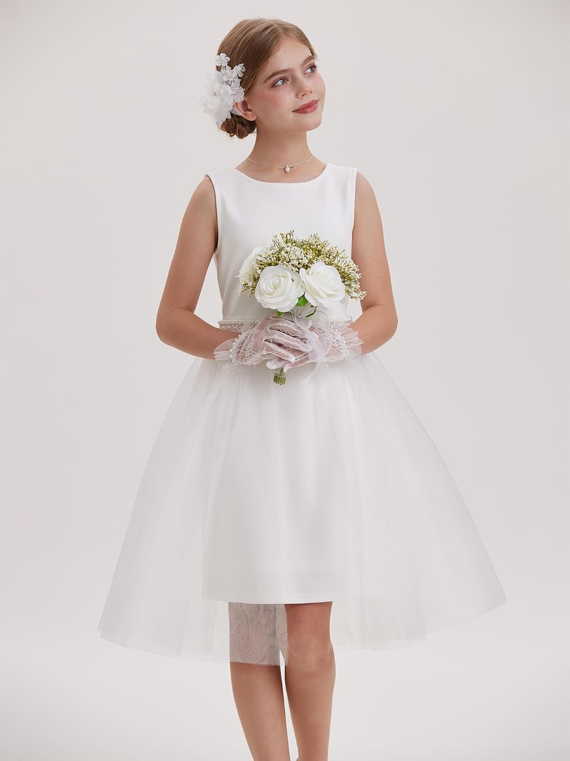 image:imageGRACE KARIN Girls Fancy Party Dress Sleeveless Formal Dance Dresses 614Y Tulle Overlay Beaded Waist Tie Bow Belt KneeLength Bodycon Hidden Back Zipper for Pageant Wedding BirthdayWhite