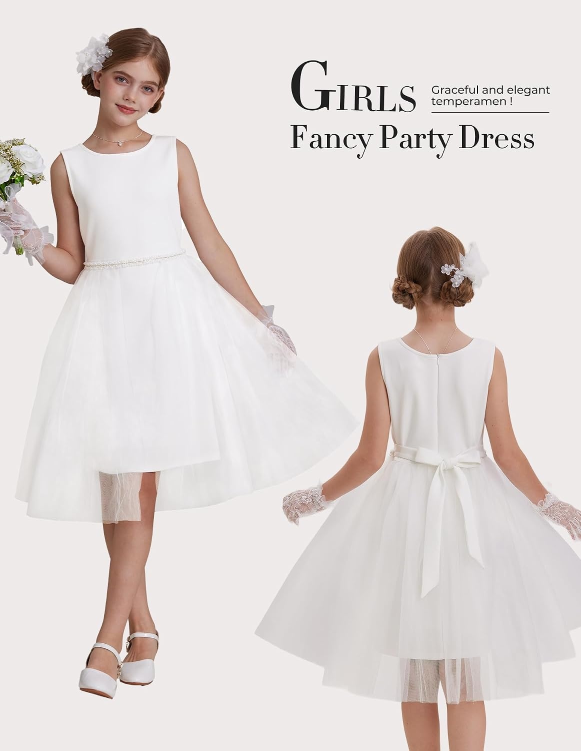 image:imageGRACE KARIN Girls Fancy Party Dress Sleeveless Formal Dance Dresses 614Y Tulle Overlay Beaded Waist Tie Bow Belt KneeLength Bodycon Hidden Back Zipper for Pageant Wedding BirthdayWhite