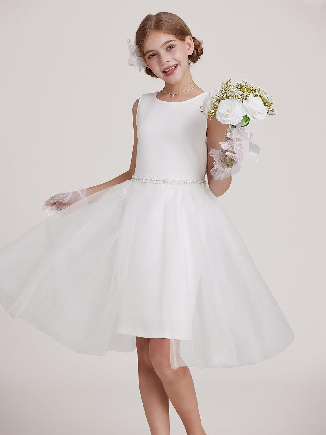 image:imageGRACE KARIN Girls Fancy Party Dress Sleeveless Formal Dance Dresses 614Y Tulle Overlay Beaded Waist Tie Bow Belt KneeLength Bodycon Hidden Back Zipper for Pageant Wedding BirthdayWhite