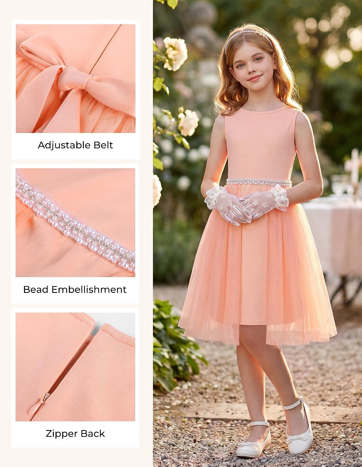 image:imageGRACE KARIN Girls Fancy Party Dress Sleeveless Formal Dance Dresses 614Y Tulle Overlay Beaded Waist Tie Bow Belt KneeLength Bodycon Hidden Back Zipper for Pageant Wedding BirthdayPeach Pink