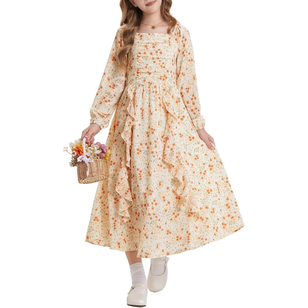 image:imageGRACE KARIN Girls Fall Dresses Long Sleeve Maxi Floral Winter Dress 714Y Kids Square Neck Ruffle Hem Casual Holiday Party Outfit ALine Twirl Swing Long Dress for Birthday Photoshoot Wedding ChurchCream Orange Ditsy Floral