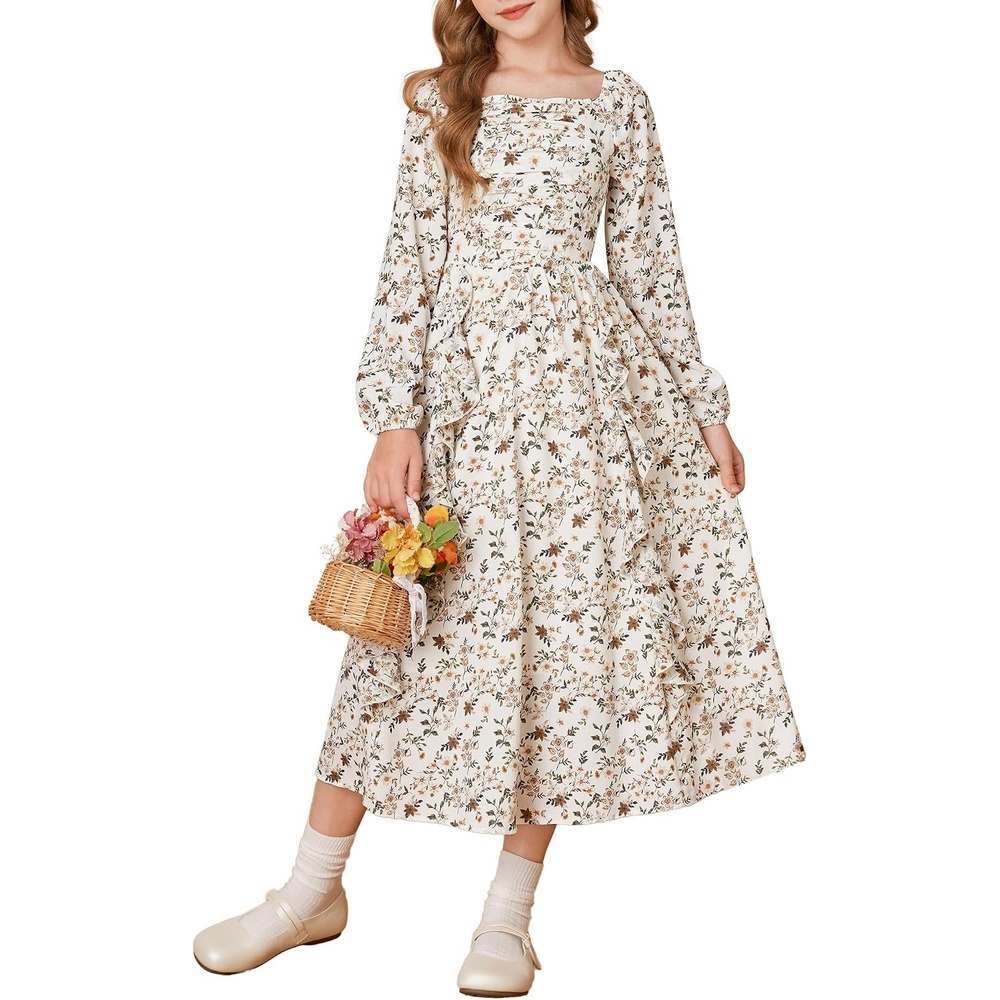image:imageGRACE KARIN Girls Fall Dresses Long Sleeve Maxi Floral Winter Dress 714Y Kids Square Neck Ruffle Hem Casual Holiday Party Outfit ALine Twirl Swing Long Dress for Birthday Photoshoot Wedding ChurchApricot Floral
