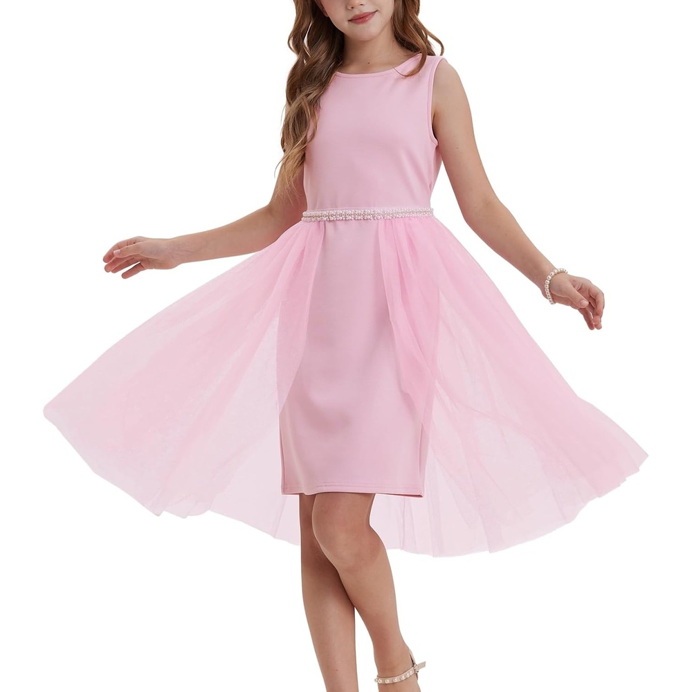 image:imageGRACE KARIN Girls Fancy Party Dress Sleeveless Formal Dance Dresses 614Y Tulle Overlay Beaded Waist Tie Bow Belt KneeLength Bodycon Hidden Back Zipper for Pageant Wedding BirthdayPink