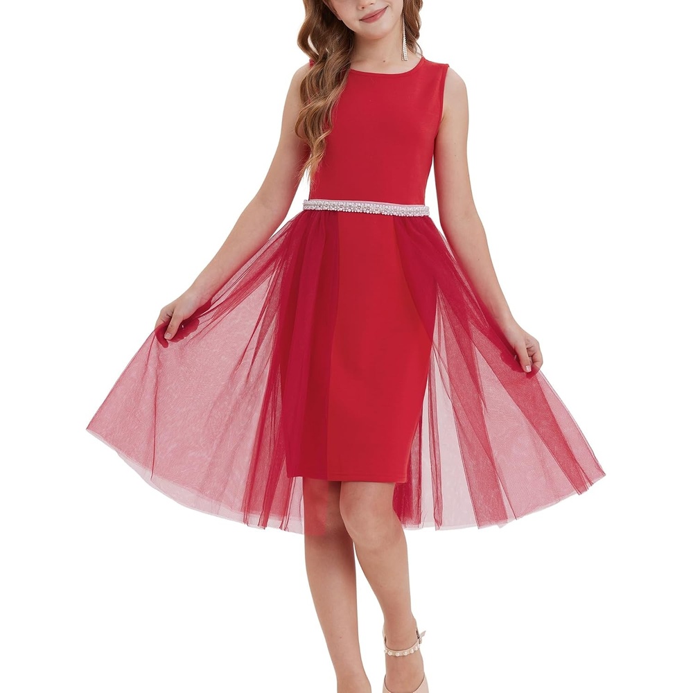 image:imageGRACE KARIN Girls Fancy Party Dress Sleeveless Formal Dance Dresses 614Y Tulle Overlay Beaded Waist Tie Bow Belt KneeLength Bodycon Hidden Back Zipper for Pageant Wedding BirthdayRed