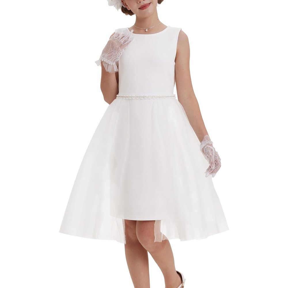 image:imageGRACE KARIN Girls Fancy Party Dress Sleeveless Formal Dance Dresses 614Y Tulle Overlay Beaded Waist Tie Bow Belt KneeLength Bodycon Hidden Back Zipper for Pageant Wedding BirthdayWhite