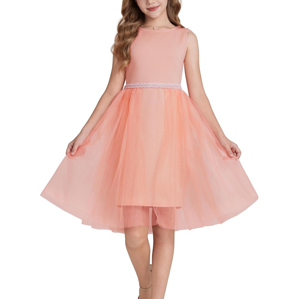 image:imageGRACE KARIN Girls Fancy Party Dress Sleeveless Formal Dance Dresses 614Y Tulle Overlay Beaded Waist Tie Bow Belt KneeLength Bodycon Hidden Back Zipper for Pageant Wedding BirthdayPeach Pink