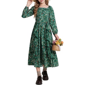 GRACE KARIN Girls Fall Dresses Long Sleeve Maxi Floral Winter Dress 7-14Y | Kids Square Neck Ruffle Hem Casual Holiday Party Outfit A-Line Twirl Swing Long Dress for Birthday Photoshoot Wedding Church(Dark Green Floral)