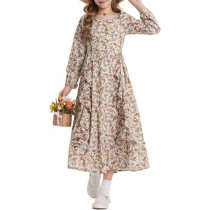 GRACE KARIN Girls Fall Dresses Long Sleeve Maxi Floral Winter Dress 7-14Y | Kids Square Neck Ruffle Hem Casual Holiday Party Outfit A-Line Twirl Swing Long Dress for Birthday Photoshoot Wedding Church(Beige Pumpkin Floral)