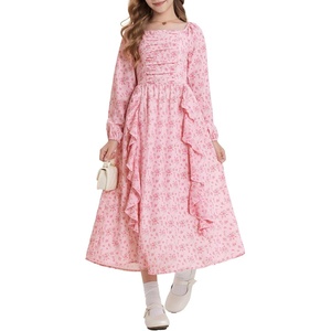 GRACE KARIN Girls Fall Dresses Long Sleeve Maxi Floral Winter Dress 7-14Y | Kids Square Neck Ruffle Hem Casual Holiday Party Outfit A-Line Twirl Swing Long Dress for Birthday Photoshoot Wedding Church(Pink Ditsy Floral)