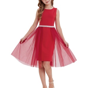 GRACE KARIN Girls Fancy Party Dress Sleeveless Formal Dance Dresses 6-14Y | Tulle Overlay, Beaded Waist, Tie Bow Belt, Knee-Length Bodycon, Hidden Back Zipper, for Pageant, Wedding, Birthday(Red)