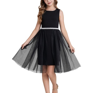 GRACE KARIN Girls Fancy Party Dress Sleeveless Formal Dance Dresses 6-14Y | Tulle Overlay, Beaded Waist, Tie Bow Belt, Knee-Length Bodycon, Hidden Back Zipper, for Pageant, Wedding, Birthday(Black)