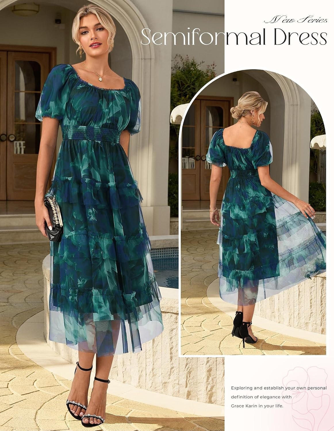 image:imageGRACE KARIN Summer Wedding Guest Causal Midi Floral Tulle Dress Short Puff SleeveSquare NeckA LineFlowySmocked WaistTieredMeshLightBeachVacationCocktailSemi FormalPartyBirthdayGreen Blue
