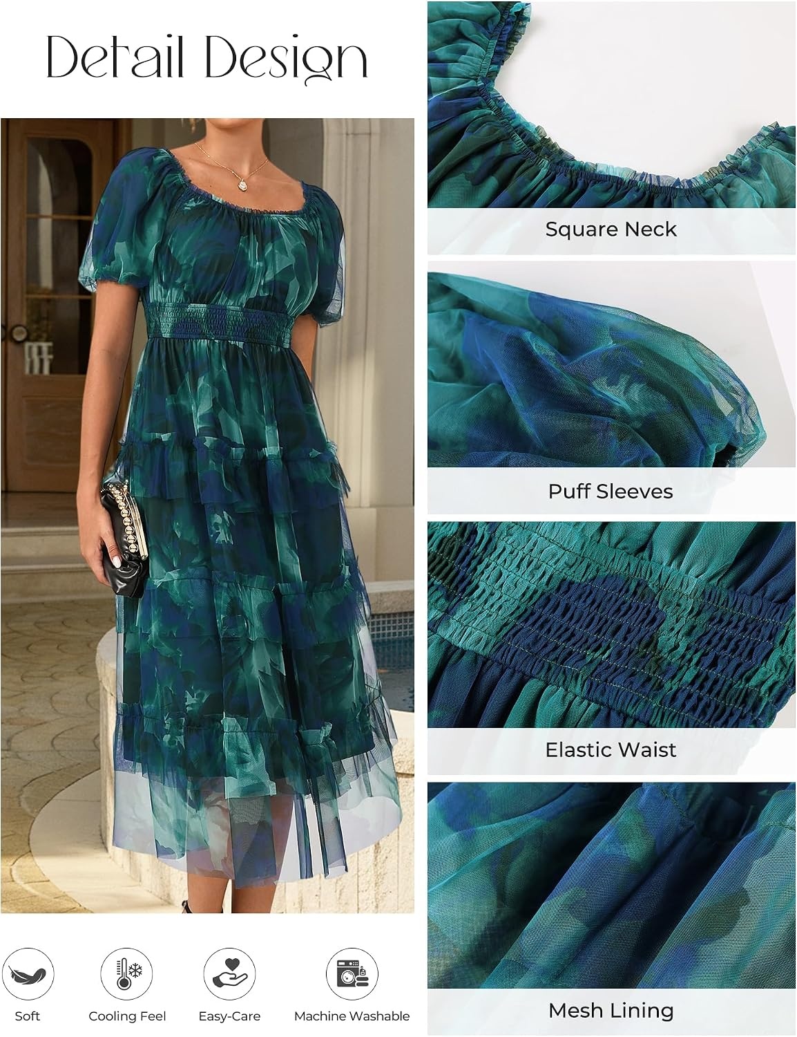 image:imageGRACE KARIN Summer Wedding Guest Causal Midi Floral Tulle Dress Short Puff SleeveSquare NeckA LineFlowySmocked WaistTieredMeshLightBeachVacationCocktailSemi FormalPartyBirthdayGreen Blue