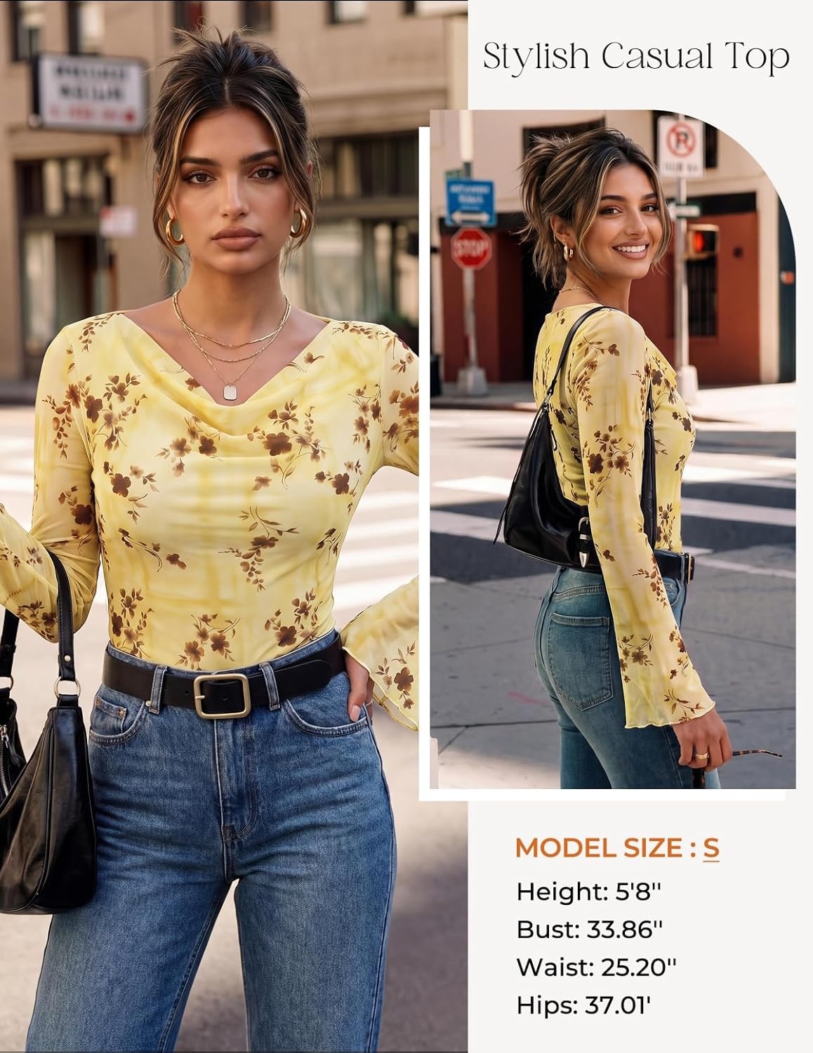 image:imageGRACE KARIN Women Boho Mesh Blouses Dressy Casual Cowl Neck Going Out Tops Bell Long Sleeve Work Shirts Y2K Floral Ruched Outfits 2026 Fall Fashion ClothingYellow Brown