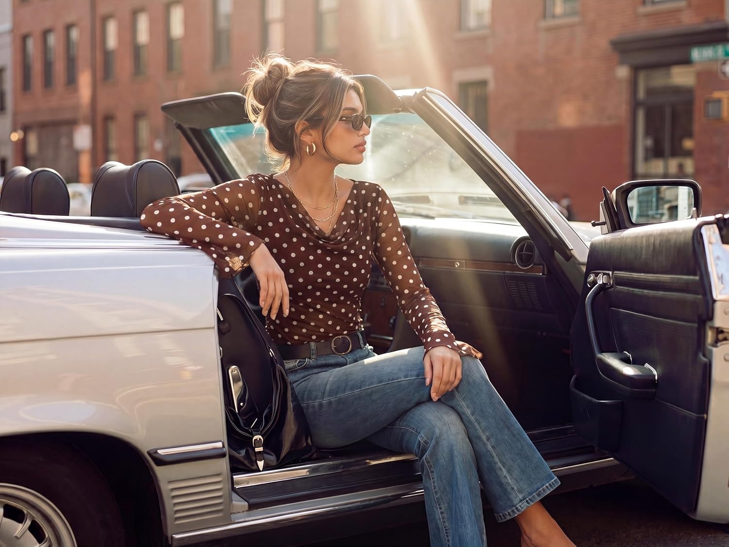 image:imageGRACE KARIN Women Boho Mesh Blouses Dressy Casual Cowl Neck Going Out Tops Bell Long Sleeve Work Shirts Y2K Floral Ruched Outfits 2026 Fall Fashion ClothingBrown Polka Dot