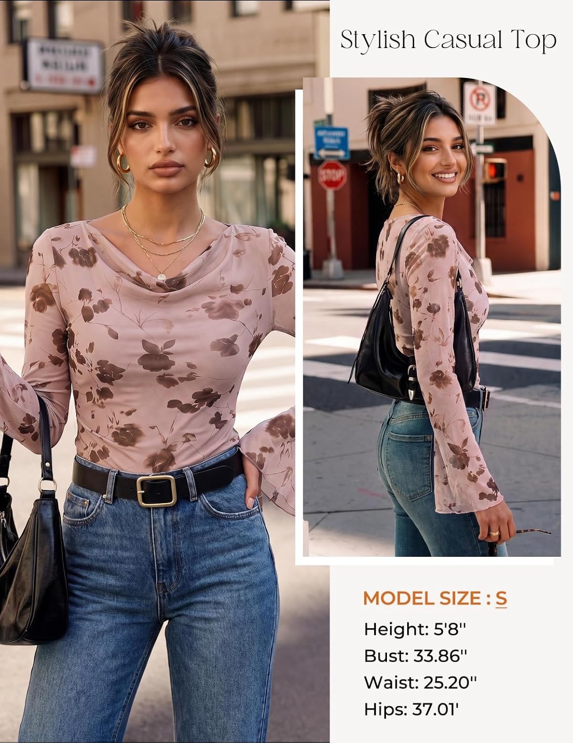 image:imageGRACE KARIN Women Boho Mesh Blouses Dressy Casual Cowl Neck Going Out Tops Bell Long Sleeve Work Shirts Y2K Floral Ruched Outfits 2026 Fall Fashion ClothingPink