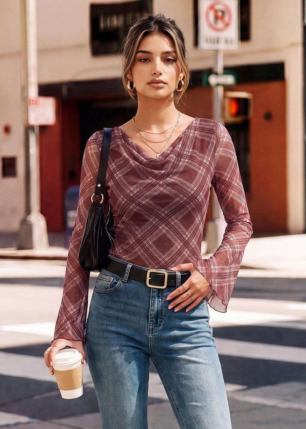 image:imageGRACE KARIN Women Boho Mesh Blouses Dressy Casual Cowl Neck Going Out Tops Bell Long Sleeve Work Shirts Y2K Floral Ruched Outfits 2026 Fall Fashion ClothingBurgundy