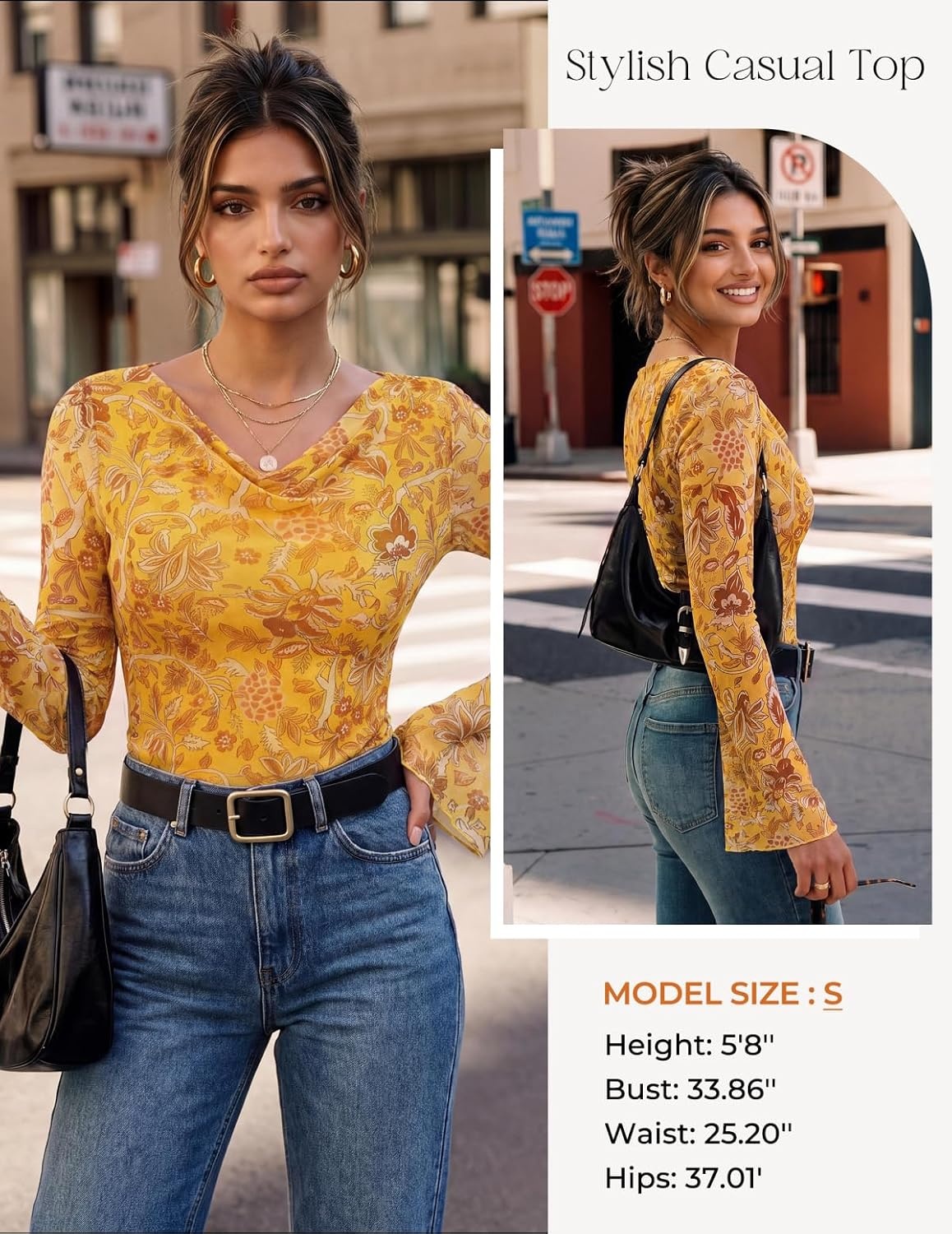image:imageGRACE KARIN Women Boho Mesh Blouses Dressy Casual Cowl Neck Going Out Tops Bell Long Sleeve Work Shirts Y2K Floral Ruched Outfits 2026 Fall Fashion ClothingYellow