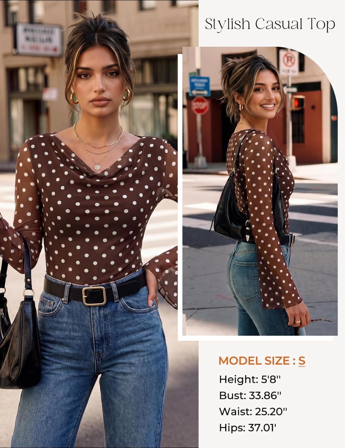 image:imageGRACE KARIN Women Boho Mesh Blouses Dressy Casual Cowl Neck Going Out Tops Bell Long Sleeve Work Shirts Y2K Floral Ruched Outfits 2026 Fall Fashion ClothingBrown Polka Dot