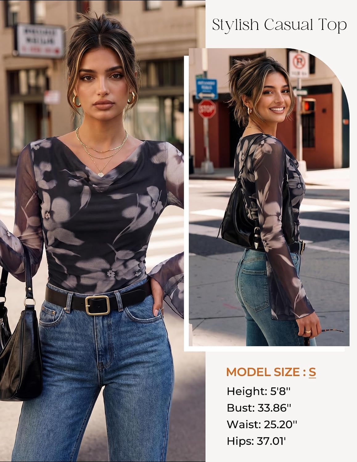 image:imageGRACE KARIN Women Boho Mesh Blouses Dressy Casual Cowl Neck Going Out Tops Bell Long Sleeve Work Shirts Y2K Floral Ruched Outfits 2026 Fall Fashion ClothingBlack Pink