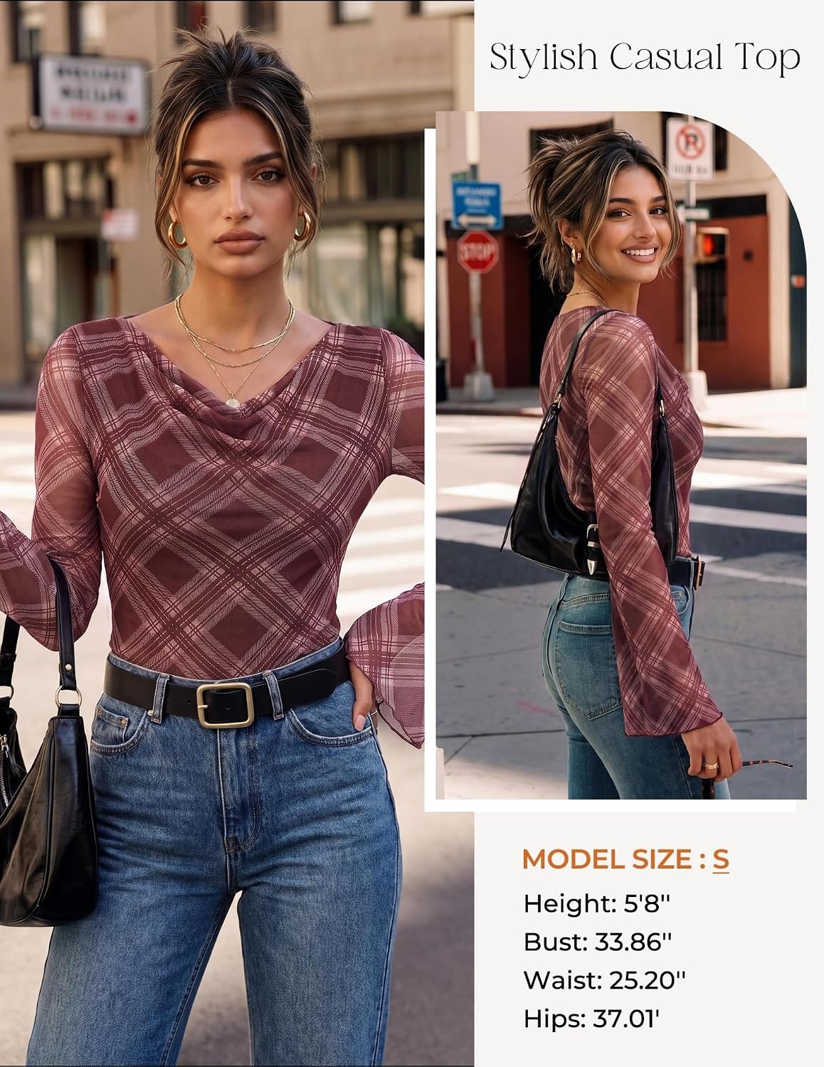 image:imageGRACE KARIN Women Boho Mesh Blouses Dressy Casual Cowl Neck Going Out Tops Bell Long Sleeve Work Shirts Y2K Floral Ruched Outfits 2026 Fall Fashion ClothingBurgundy