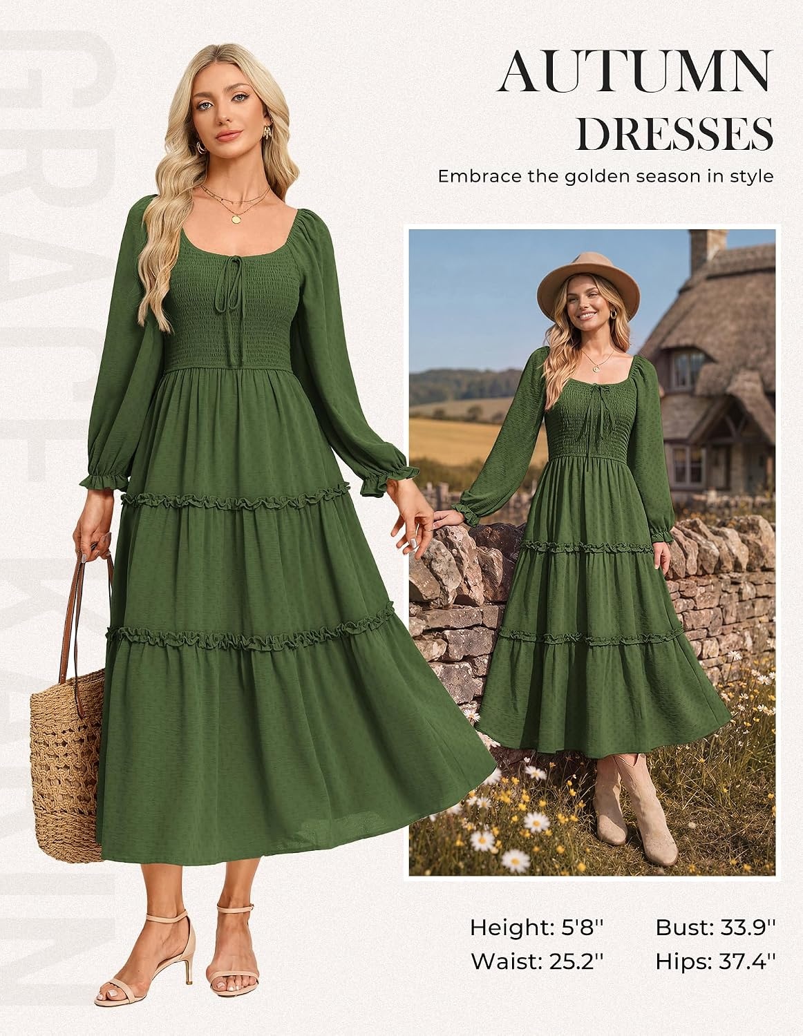image:imageGRACE KARIN Womens Boho Fall Long Sleeve Floral Maxi Dress PocketsFlowy A Line Square Neck Smocked Long Dresses CasualVacationWedding GuestFashion ClothingArmy Green