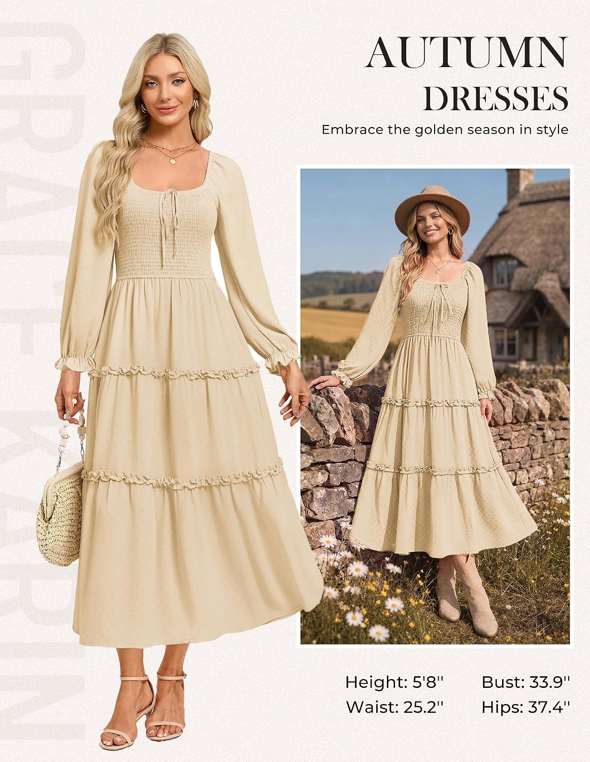 image:imageGRACE KARIN Womens Boho Fall Long Sleeve Floral Maxi Dress PocketsFlowy A Line Square Neck Smocked Long Dresses CasualVacationWedding GuestFashion ClothingIvory White