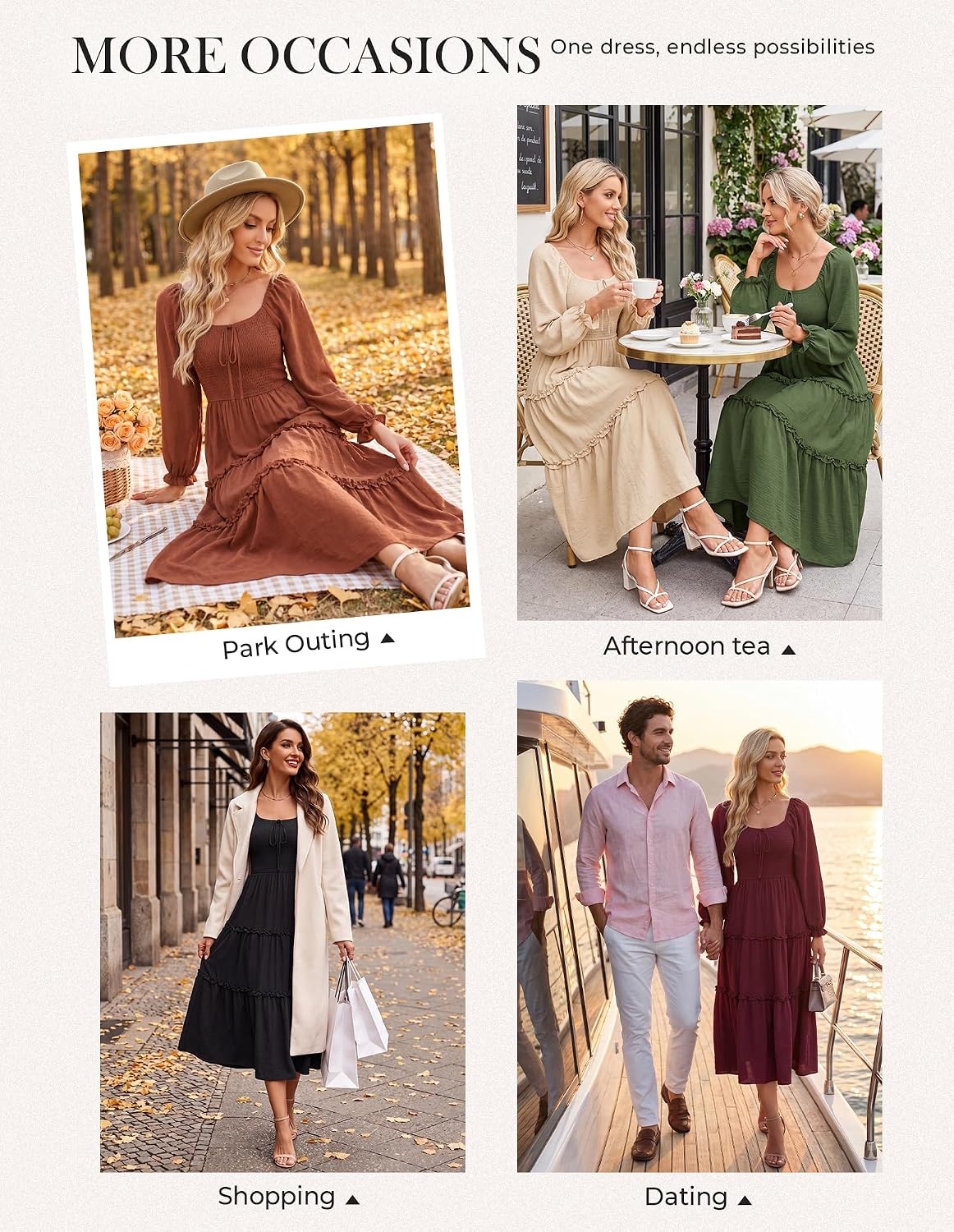 image:imageGRACE KARIN Womens Boho Fall Long Sleeve Floral Maxi Dress PocketsFlowy A Line Square Neck Smocked Long Dresses CasualVacationWedding GuestFashion ClothingIvory White
