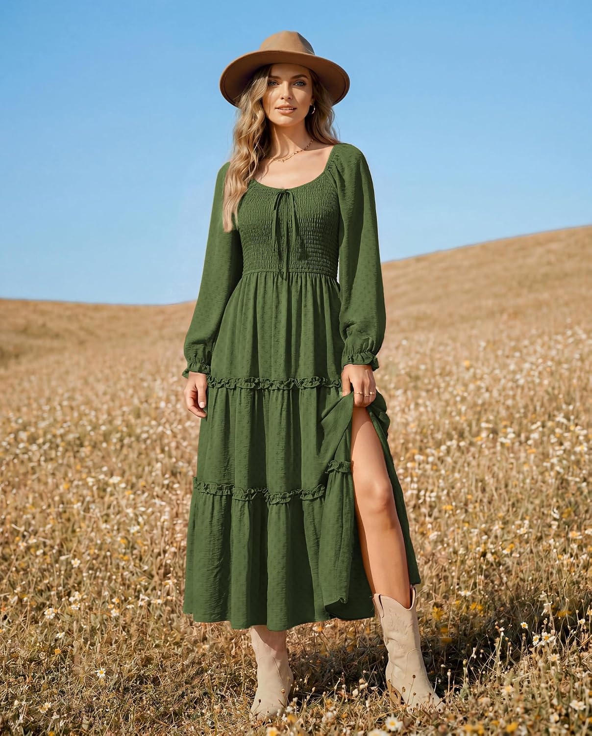 image:imageGRACE KARIN Womens Boho Fall Long Sleeve Floral Maxi Dress PocketsFlowy A Line Square Neck Smocked Long Dresses CasualVacationWedding GuestFashion ClothingArmy Green