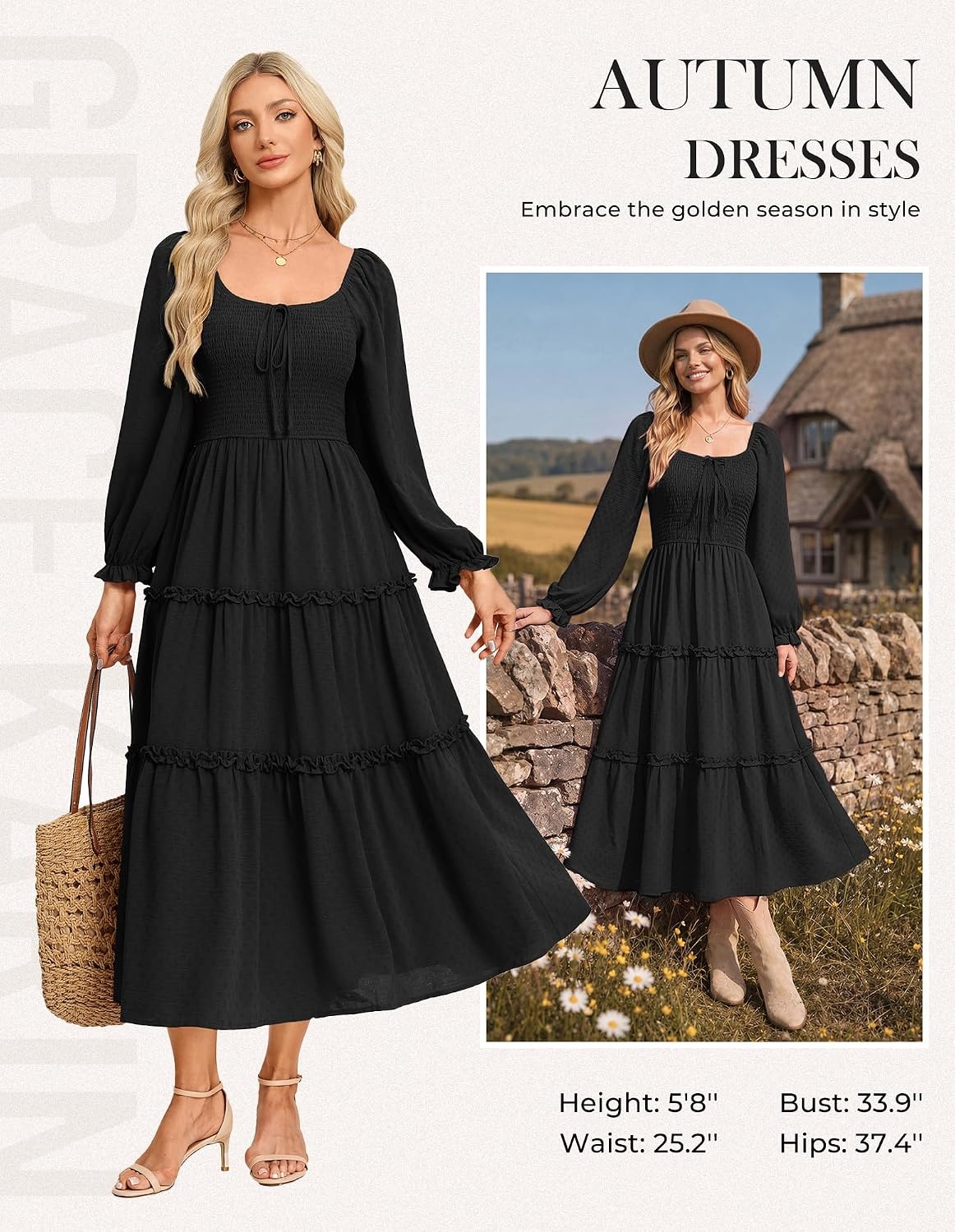 image:imageGRACE KARIN Womens Boho Fall Long Sleeve Floral Maxi Dress PocketsFlowy A Line Square Neck Smocked Long Dresses CasualVacationWedding GuestFashion ClothingBlack