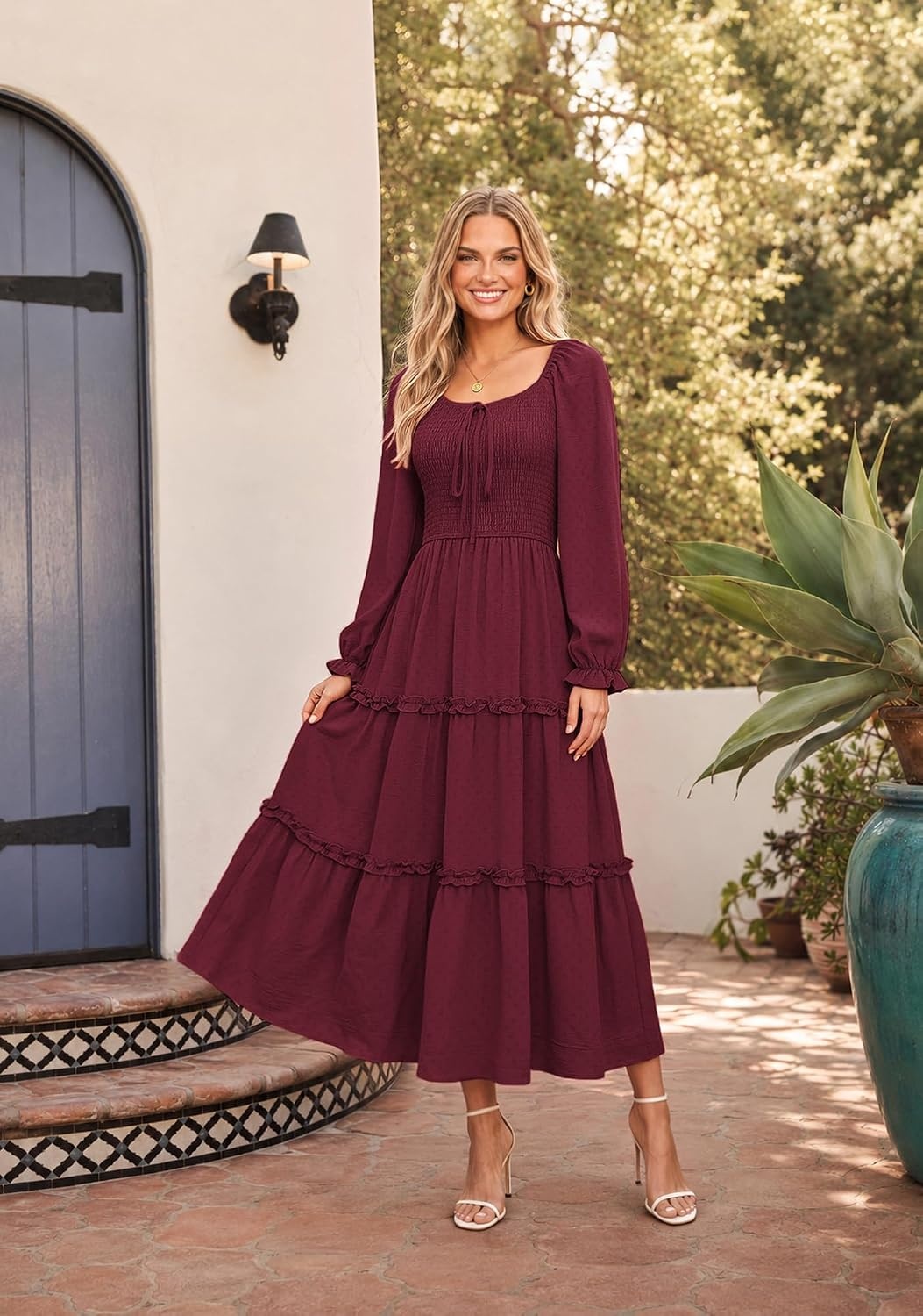 image:imageGRACE KARIN Womens Boho Fall Long Sleeve Floral Maxi Dress PocketsFlowy A Line Square Neck Smocked Long Dresses CasualVacationWedding GuestFashion ClothingWine