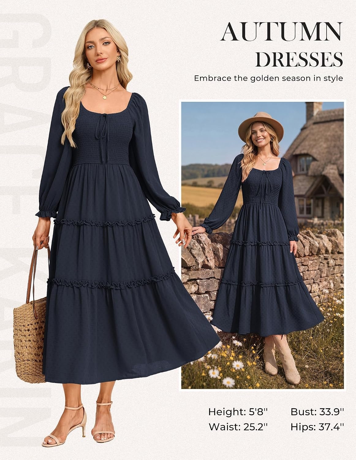 image:imageGRACE KARIN Womens Boho Fall Long Sleeve Floral Maxi Dress PocketsFlowy A Line Square Neck Smocked Long Dresses CasualVacationWedding GuestFashion ClothingNavy