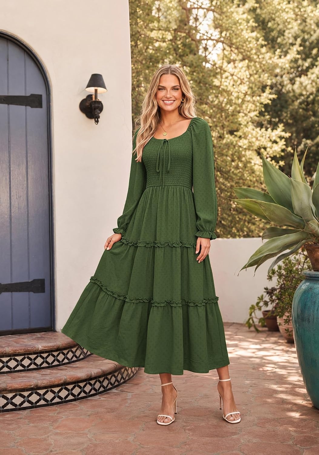 image:imageGRACE KARIN Womens Boho Fall Long Sleeve Floral Maxi Dress PocketsFlowy A Line Square Neck Smocked Long Dresses CasualVacationWedding GuestFashion ClothingArmy Green
