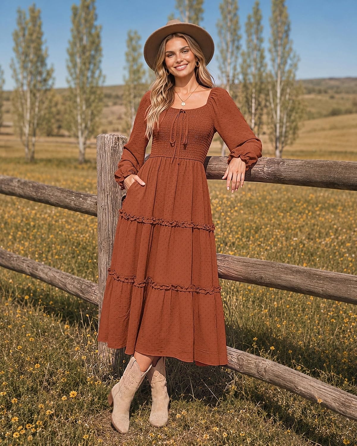 image:imageGRACE KARIN Womens Boho Fall Long Sleeve Floral Maxi Dress PocketsFlowy A Line Square Neck Smocked Long Dresses CasualVacationWedding GuestFashion ClothingBrick Red