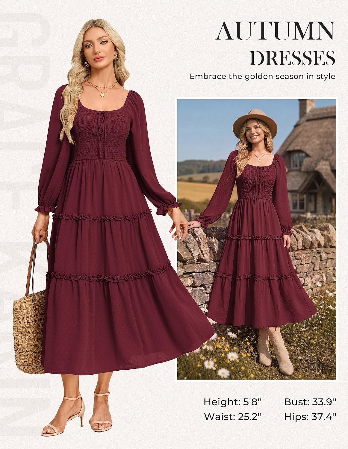 image:imageGRACE KARIN Womens Boho Fall Long Sleeve Floral Maxi Dress PocketsFlowy A Line Square Neck Smocked Long Dresses CasualVacationWedding GuestFashion ClothingWine